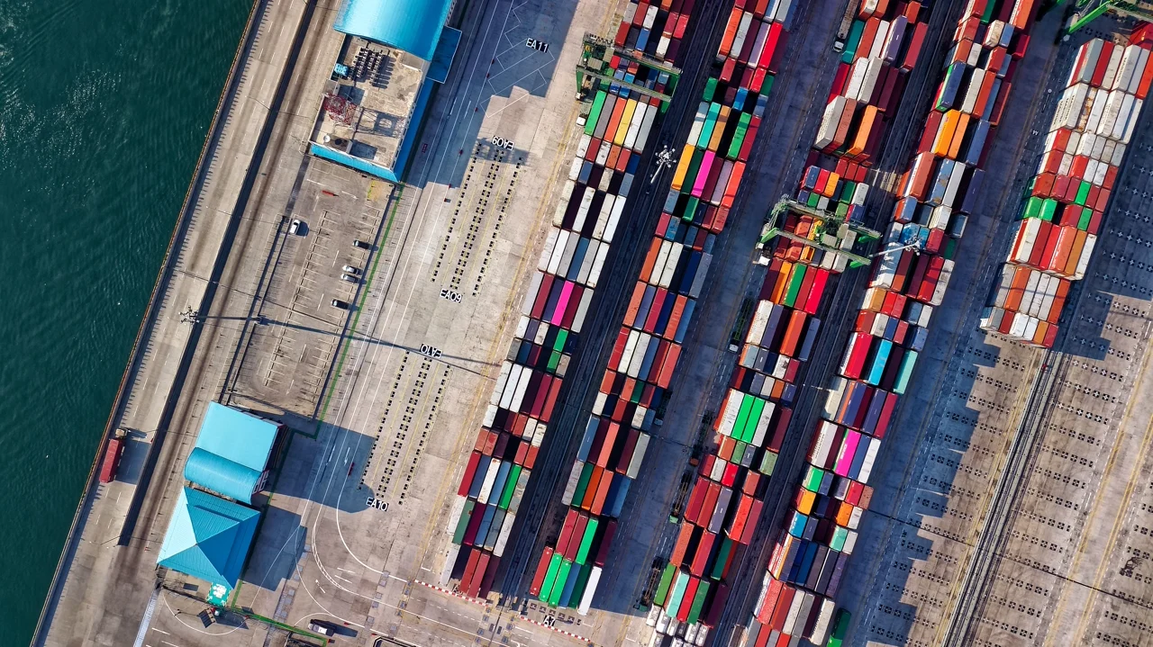 Aerial view of a maritime terminal and its containers